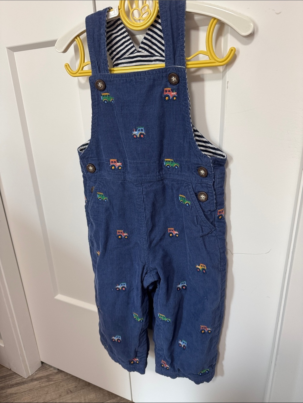JoJo Maman Bebe Navy Overalls with Colorful Car Embroidery